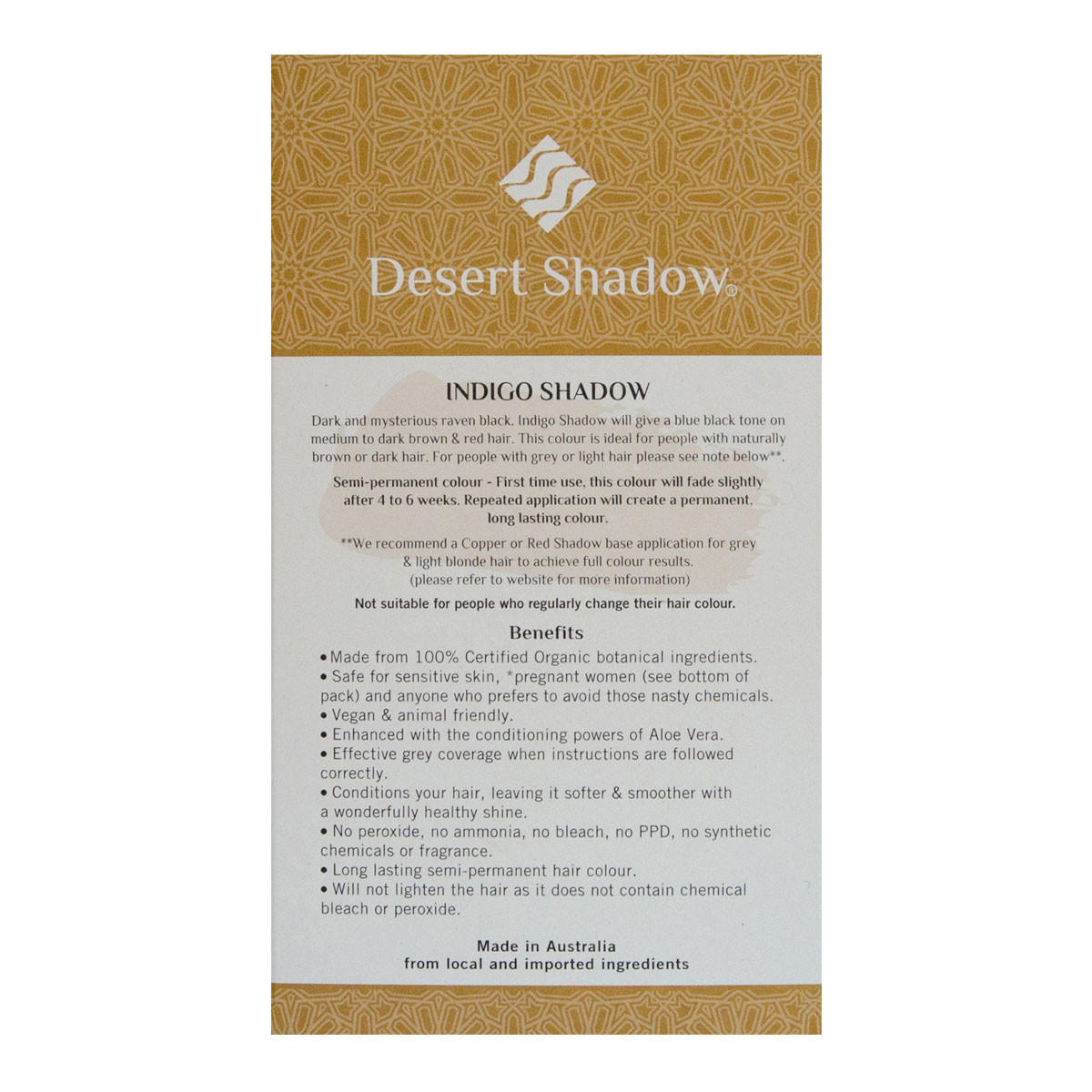 Desert Shadow hair color packaging with gold and white design.