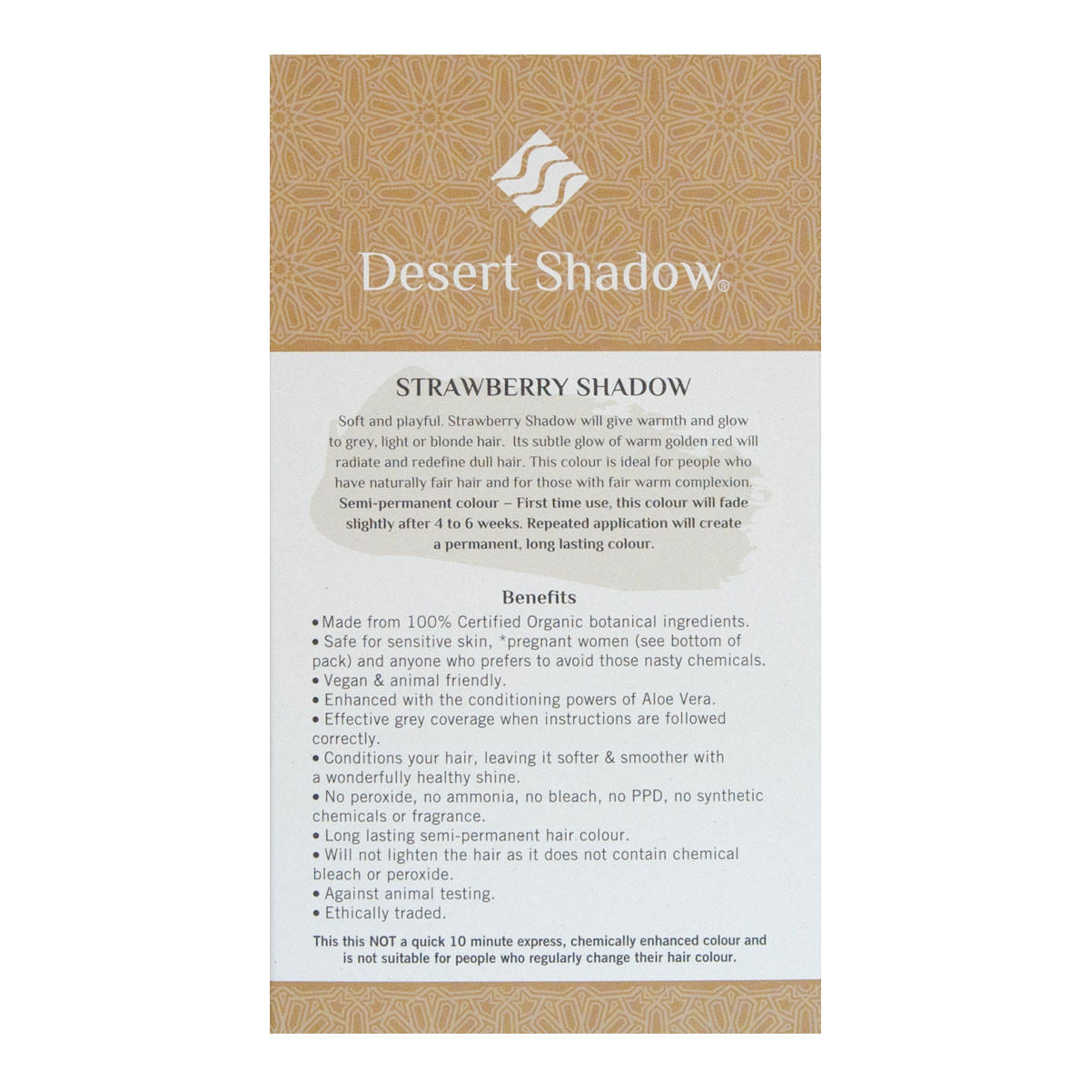 Desert Shadow Strawberry Shadow hair color packaging with text on a white background.