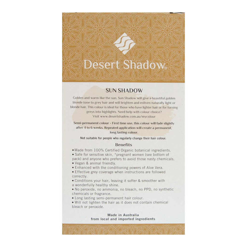 Desert Shadow hair color packaging with text on a white background.
