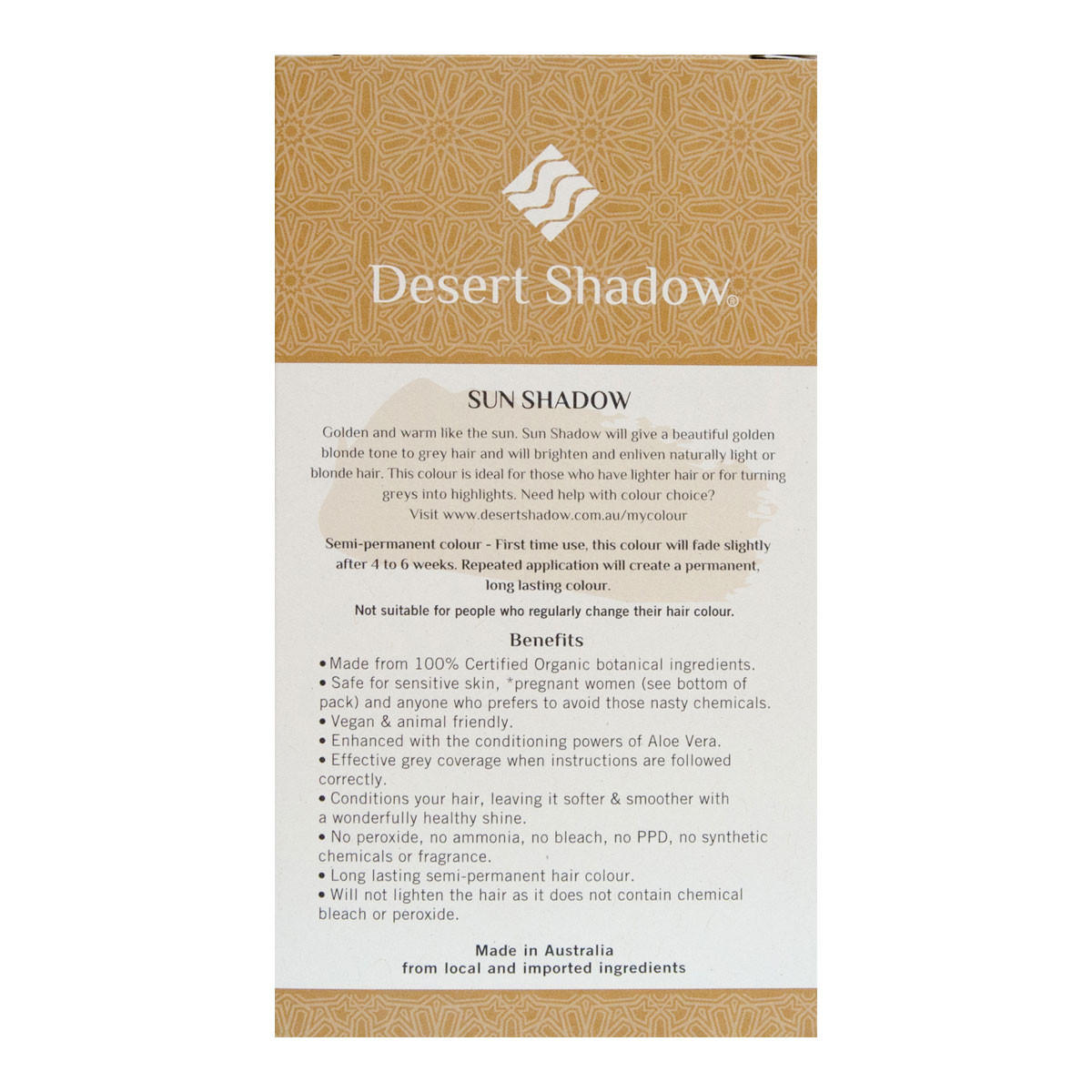 Desert Shadow hair color packaging with text on a white background.