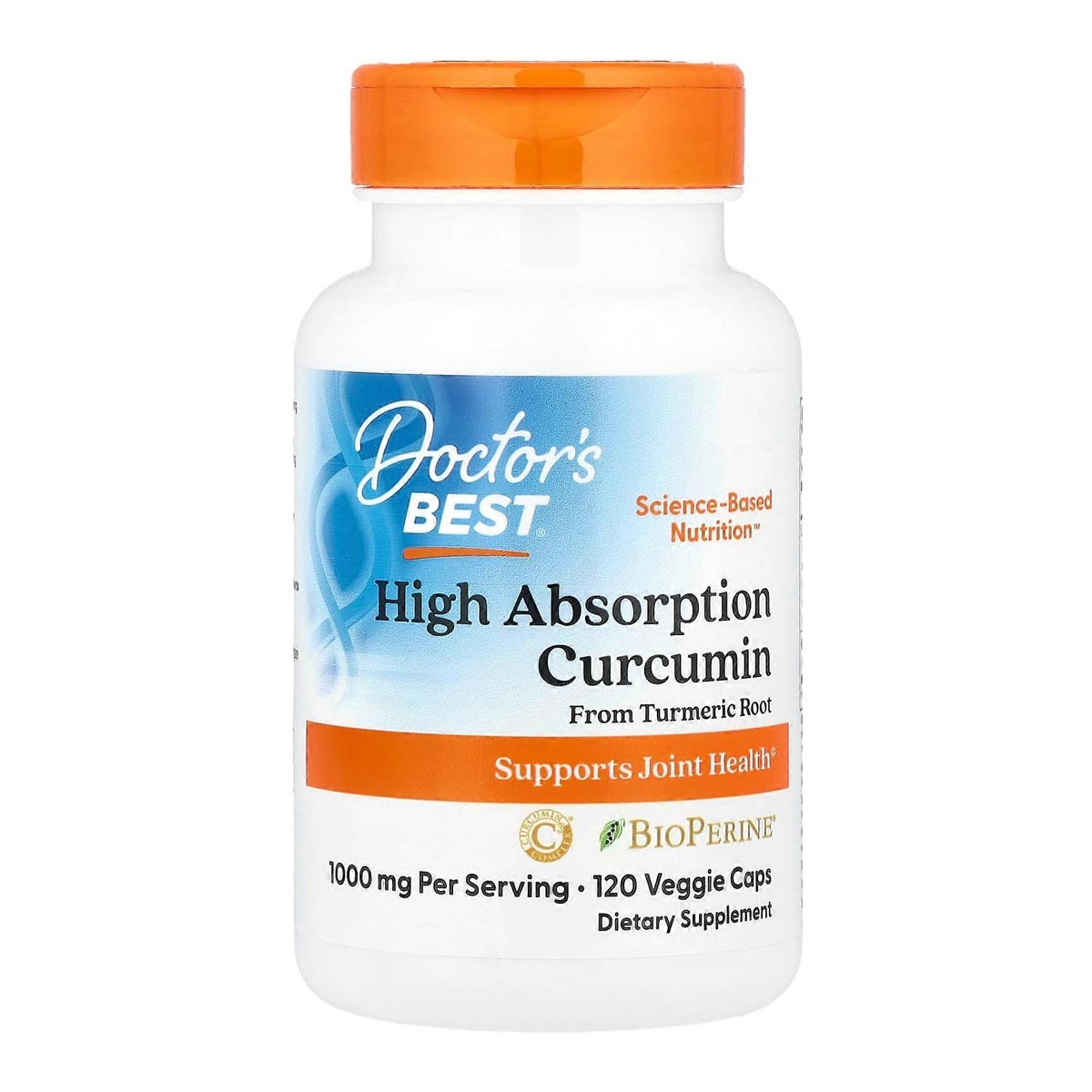 Doctor's Best High Absorption Curcumin bottle on a white background. 120 Veggie Capsules.