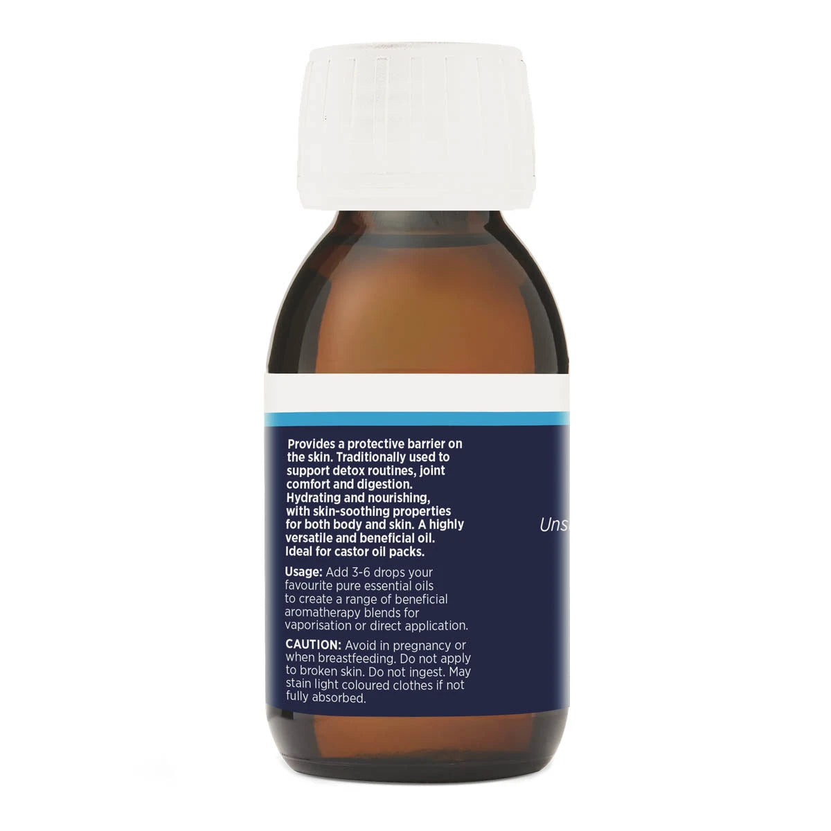 Back view of bottle of castor oil showing product benefits, usage and cautions.