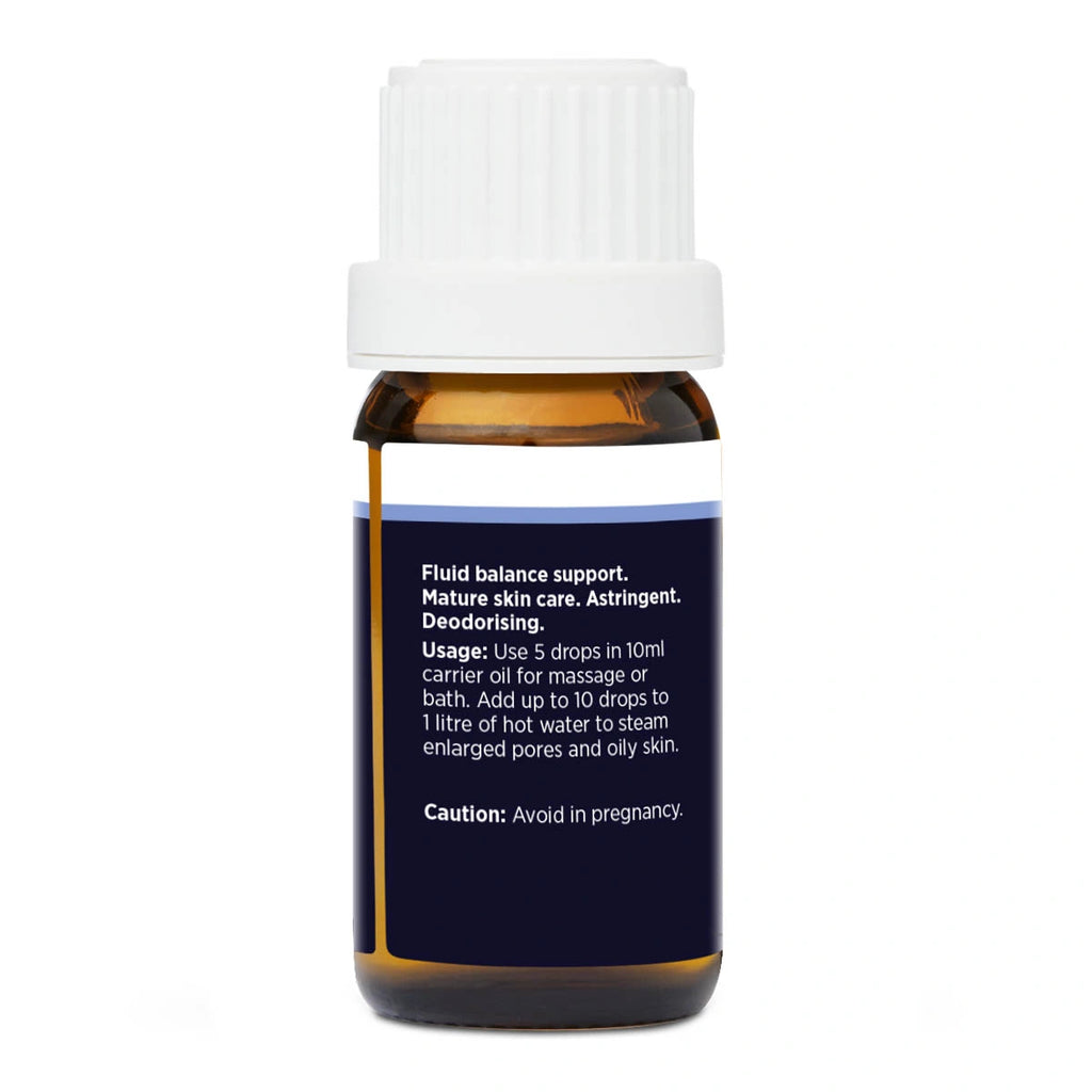 Back view of bottle of cypress essential oil with label showing product benefits, usage & cautions.