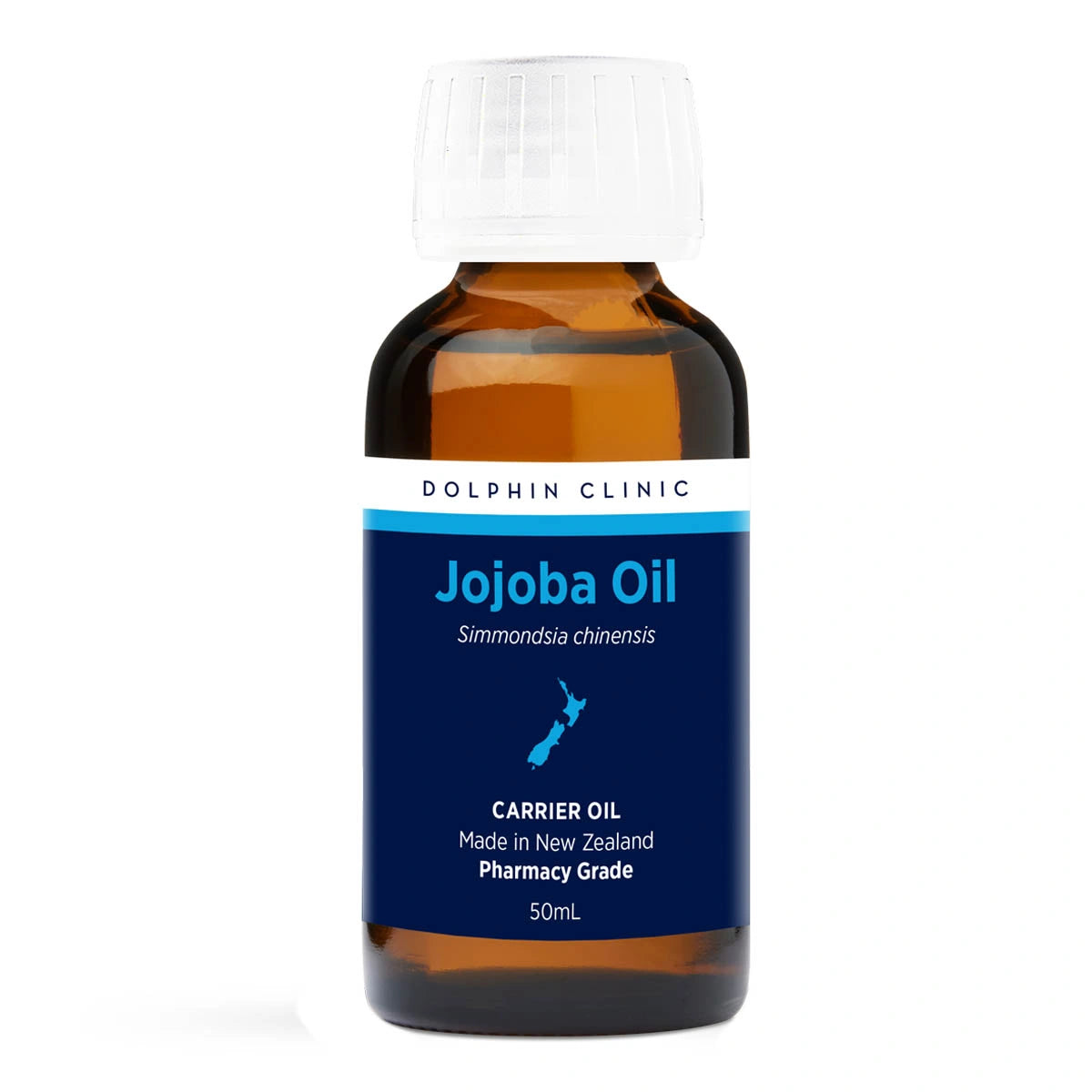 Bottle of Jojoba Oil with a blue label on a white background