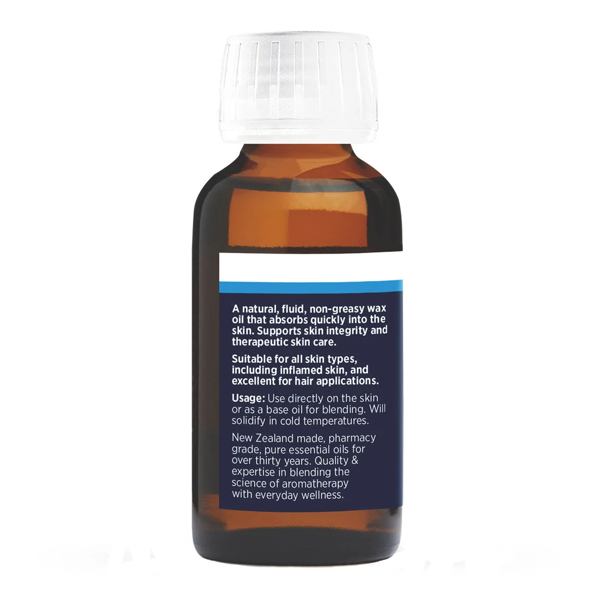 Bottle of New Zealand made pharmacy grade jojoba oil with text on a white background.