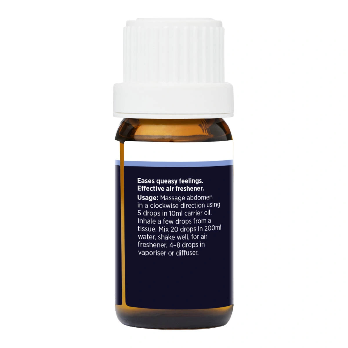 Bottle of spearmint essential oil with label on a white background