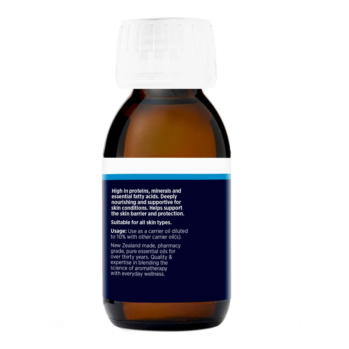 Amber glass bottle of wheatgerm oil showing label with usage instructions and product information.