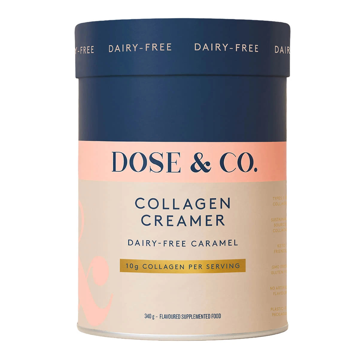Dose & Co Dairy Free Collagen Creamer - Caramel flavour in a cardboard canister. 10g collagen per serve.