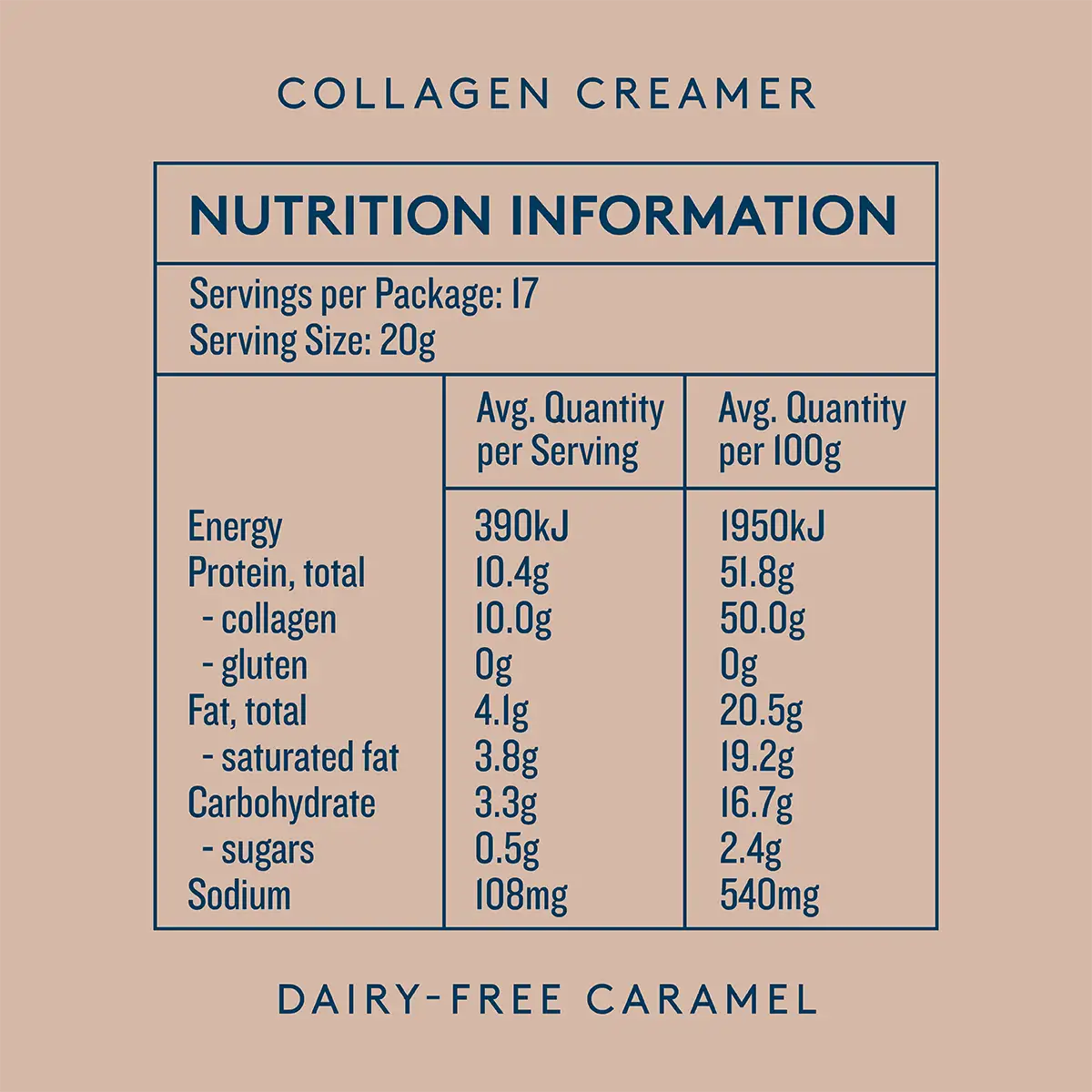 Collagen Creamer nutritional information panel.