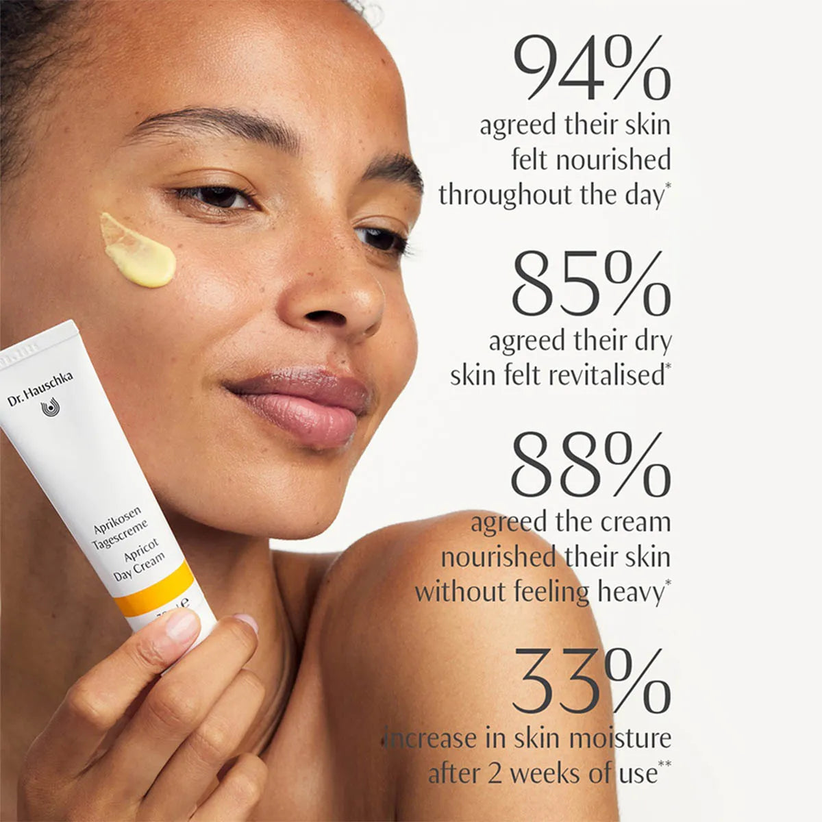 A close-up of a woman holding a tube of Dr. Hauschka Apricot Skin Cream Natural Day Cream, with a dollop of yellow cream on her cheek.