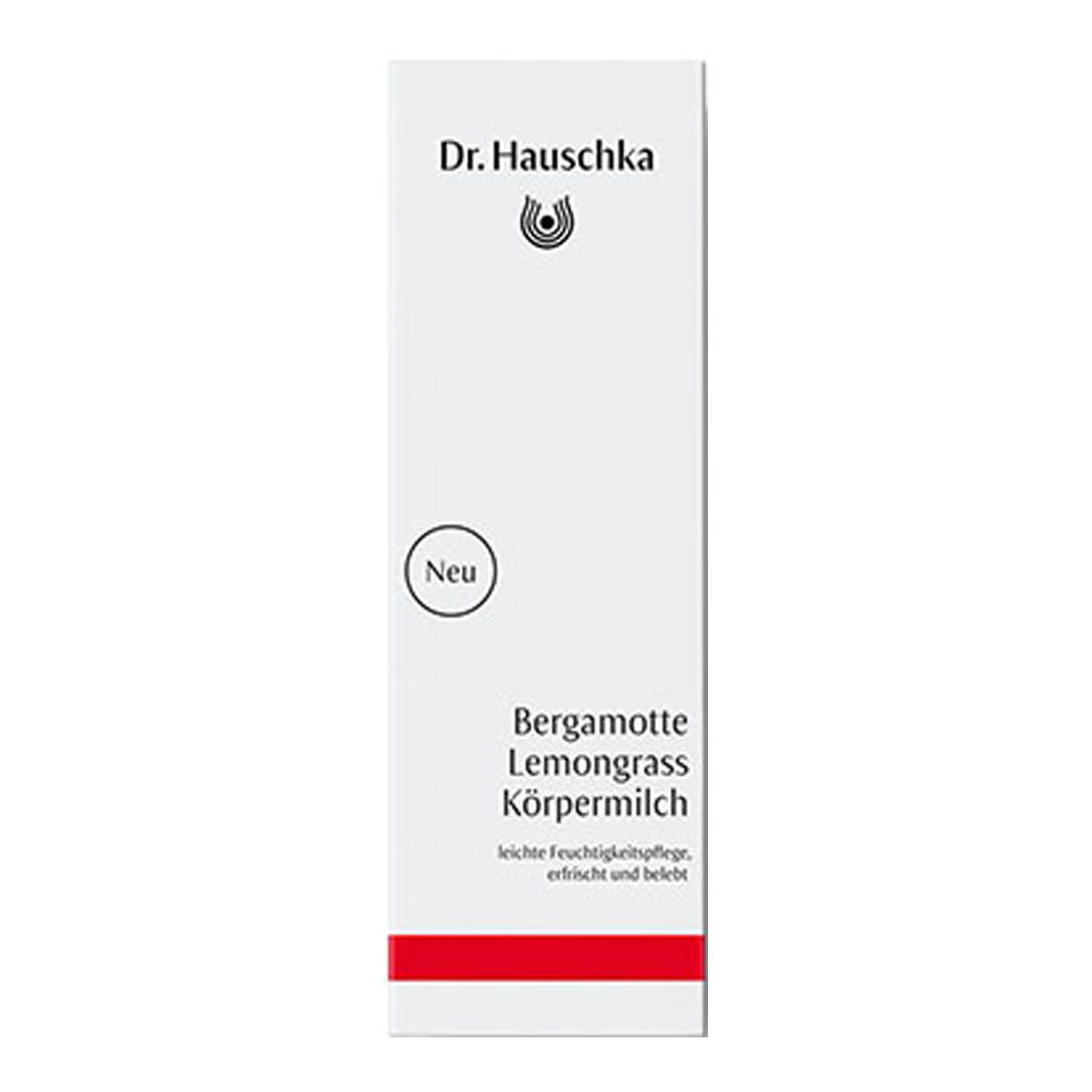 A tall, narrow white box for Dr. Hauschka Bergamotte Lemongrass Body Milk, featuring black text and a red stripe at the bottom, set against a plain white background.