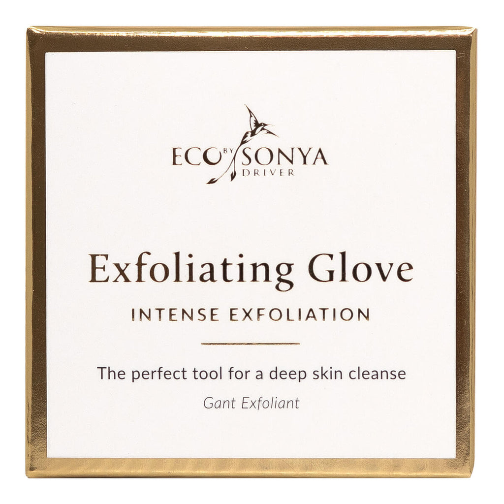 Exfoliating glove packaging with 'Eco by Sonya' branding on a white background.
