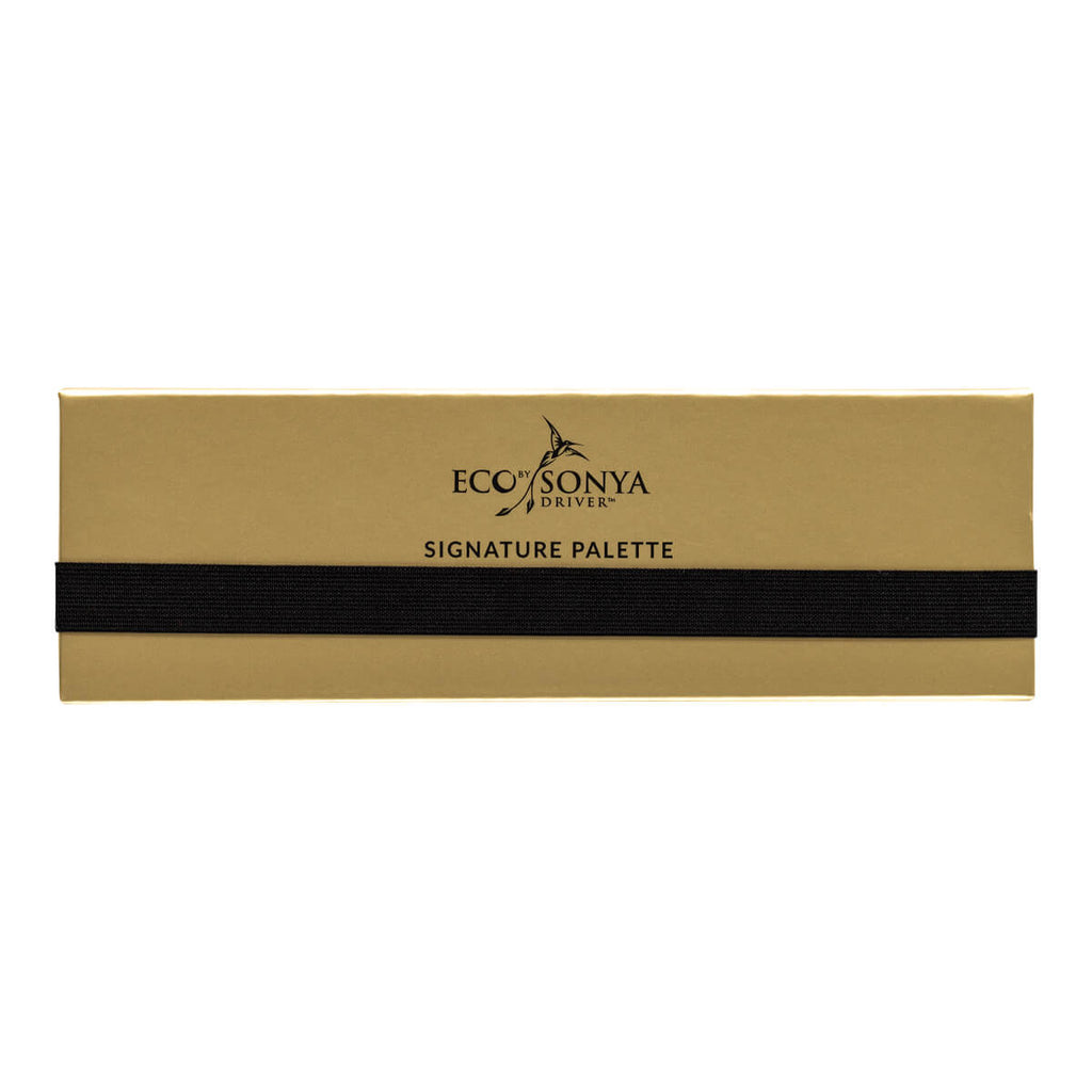 Gold makeup palette with black band and 'Eco by Sonya' branding on a white background.