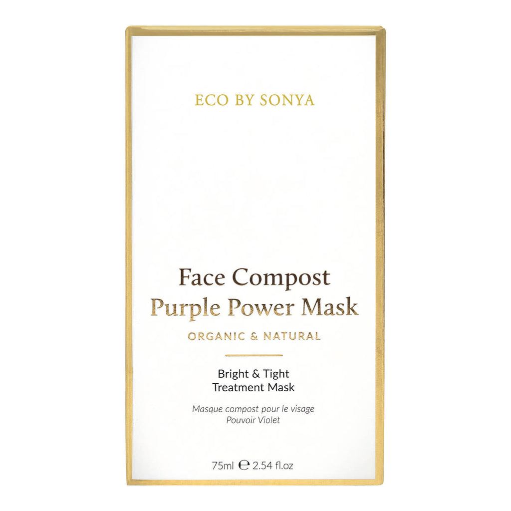 Face Compost Purple Power Mask packaging with gold border on white background.