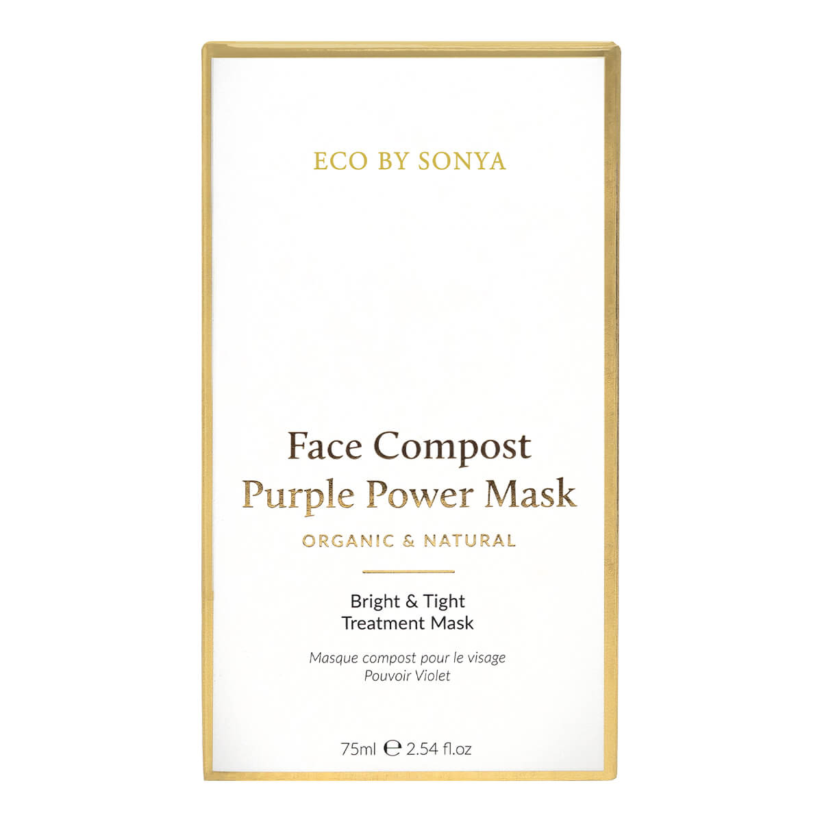 Face Compost Purple Power Mask packaging with gold border on white background.