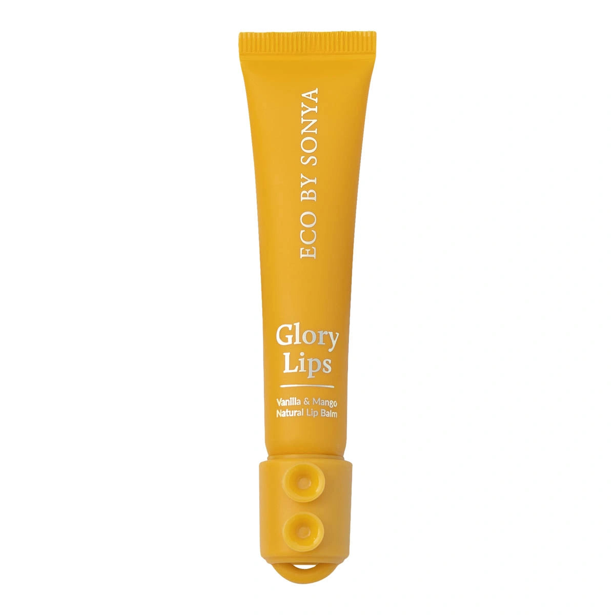 Yellow tube of 'Glory Lips' by Sonya on a white background
