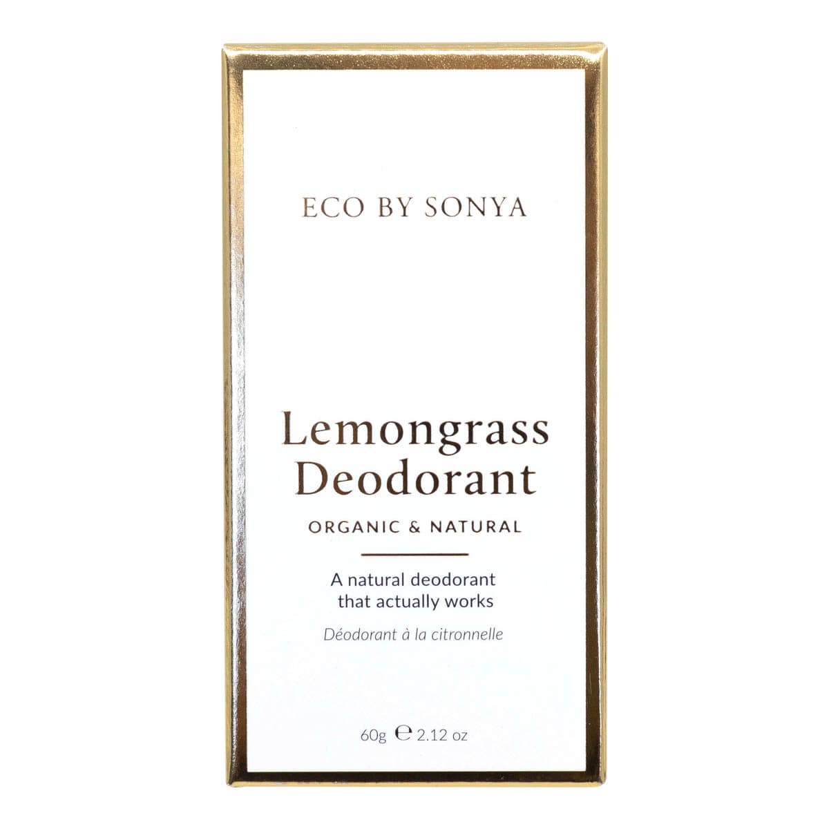 Lemongrass deodorant packaging with gold frame on white background.