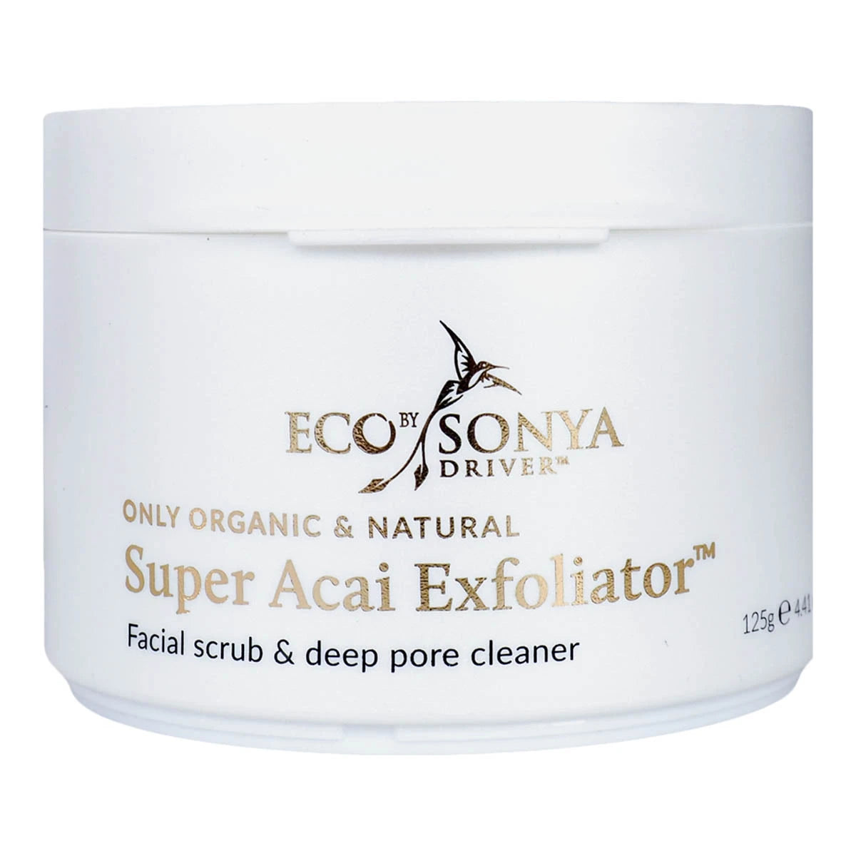 Jar of Eco by Sonya Super Acai Exfoliator on a white background. Facial scrub & deep pore cleaner