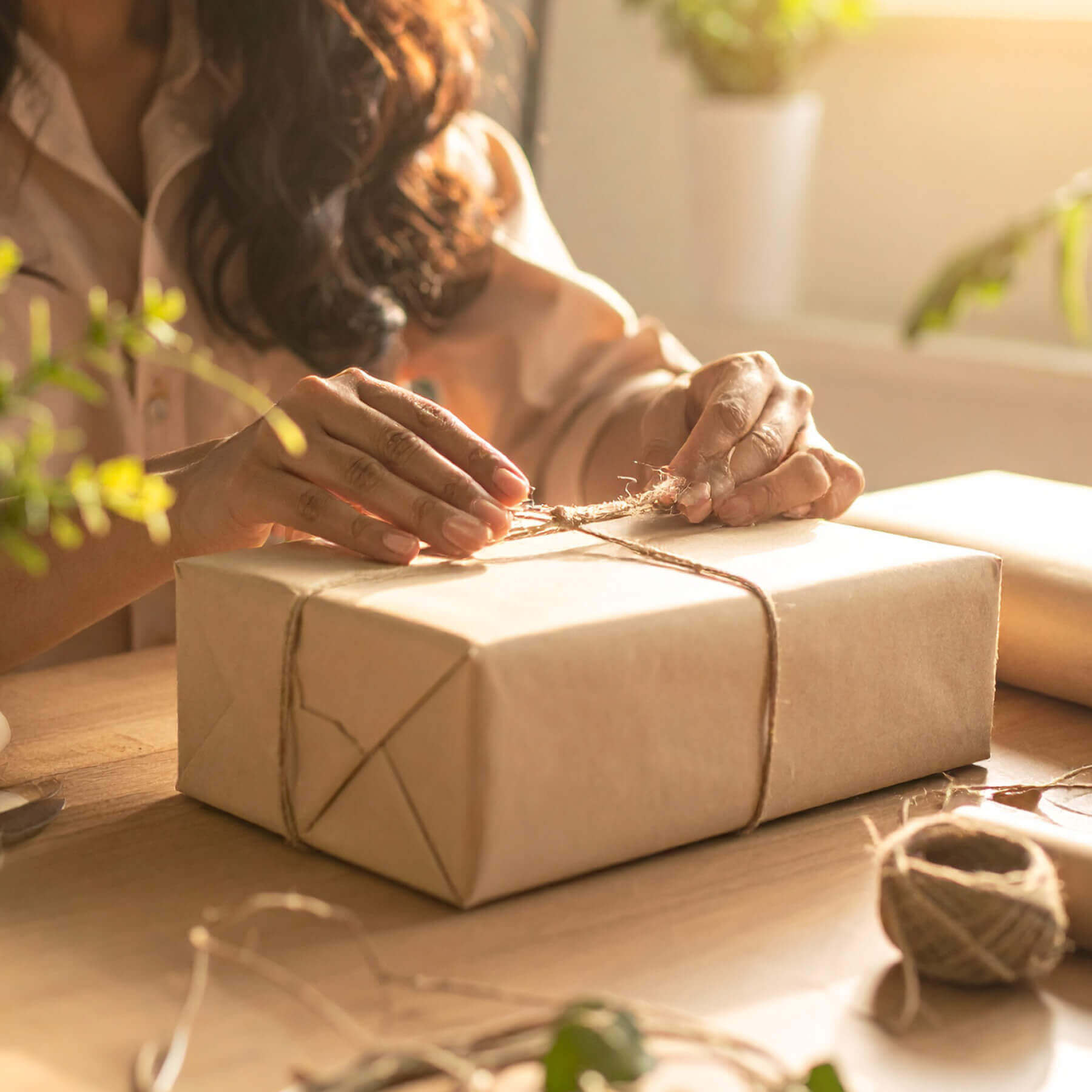 Person wrapping a gift with brown paper and string on a wooden table.