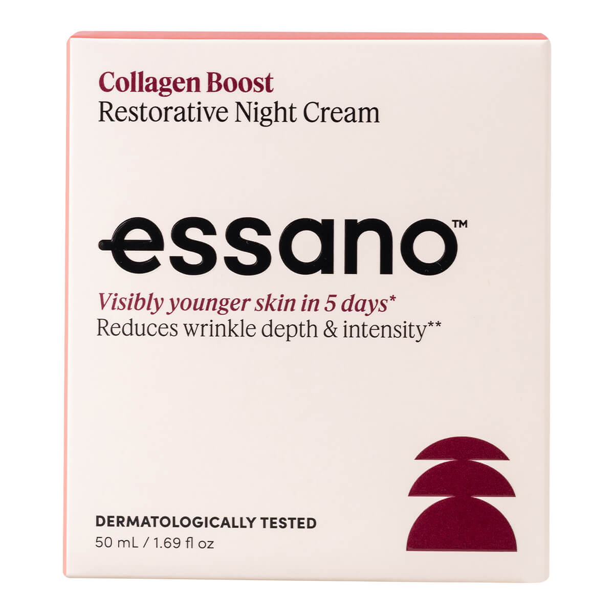 Box of essano Collagen Boost Restorative Night Cream on a white background.