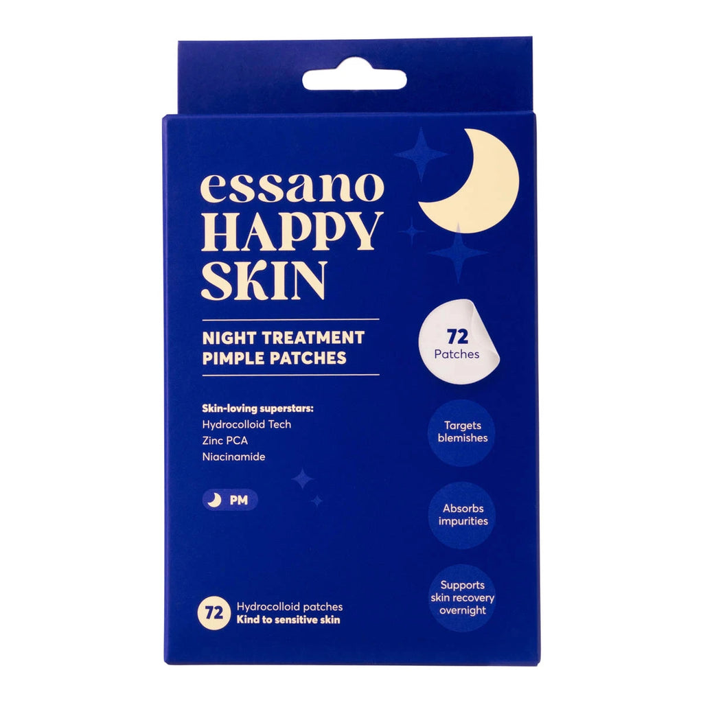 Essano Happy Skin Night Treatment Pimple Patches in a dark blue cardboard box with cream-colored text and a crescent moon graphic, containing 72 patches.