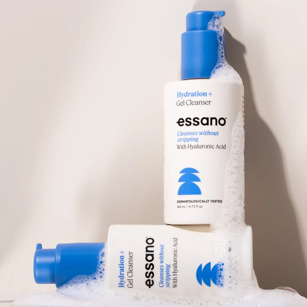 Two bottles of essano Hydration+ Gel Cleanser on a white background.