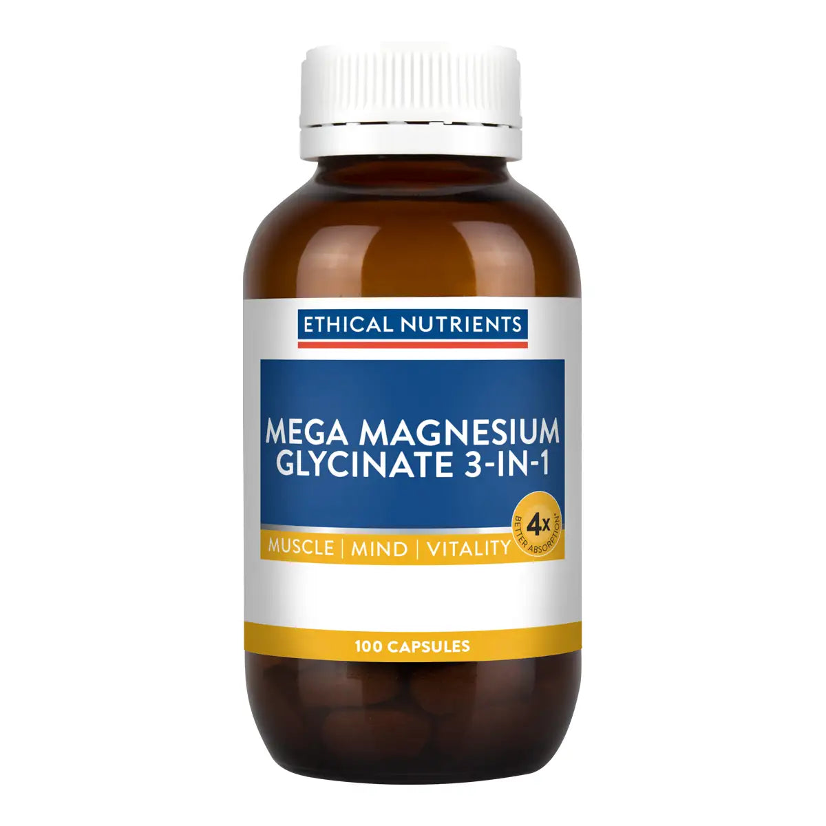 Ethical Nutrients Mega Magnesium Glycinate 3-in-1 supplement in an amber brown bottle with a white cap and a blue, white, and yellow label.