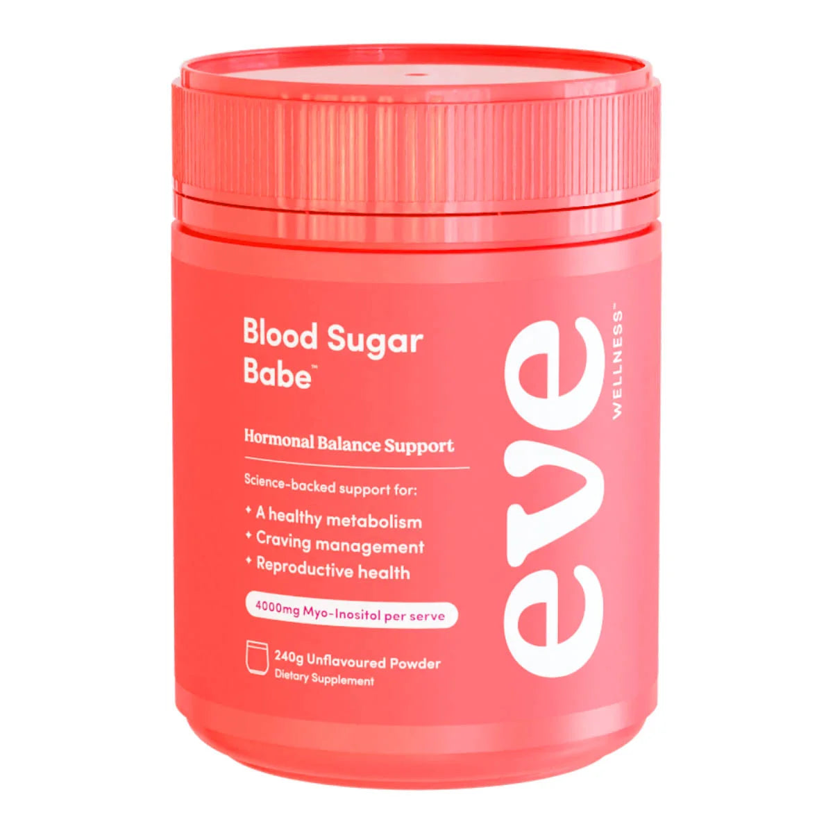 Pink supplement container labeled 'Blood Sugar Babe' by Eve Wellness on a white background