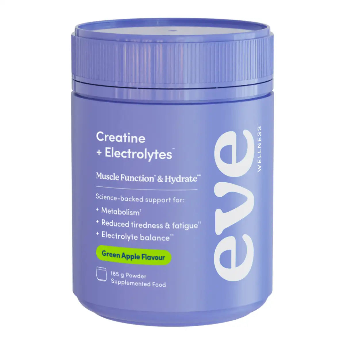 A blue plastic tub of Eve Creatine + Electrolytes powder, Green Apple Flavour, on a solid white background.