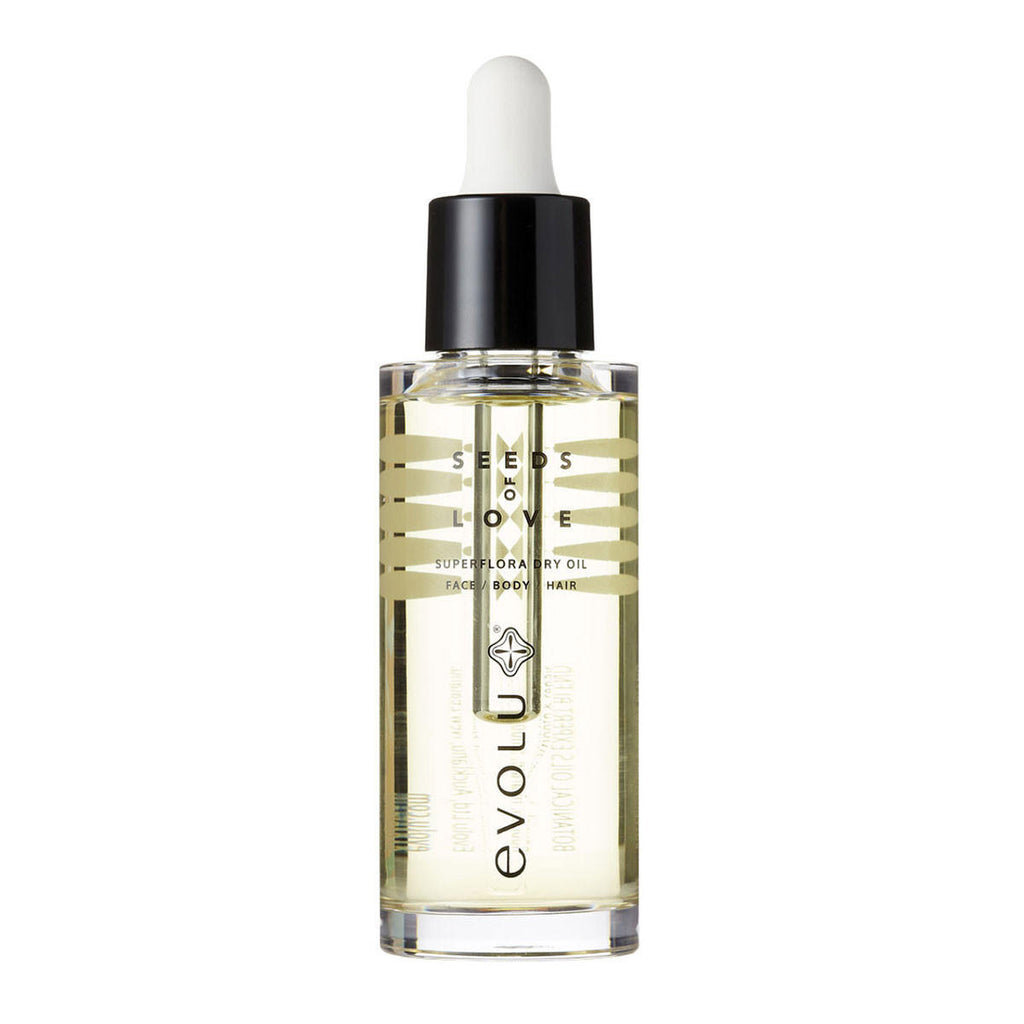 evolu seeds of love superflora dry oil in a glass dropper bottle on a white background. For face, body & hair.