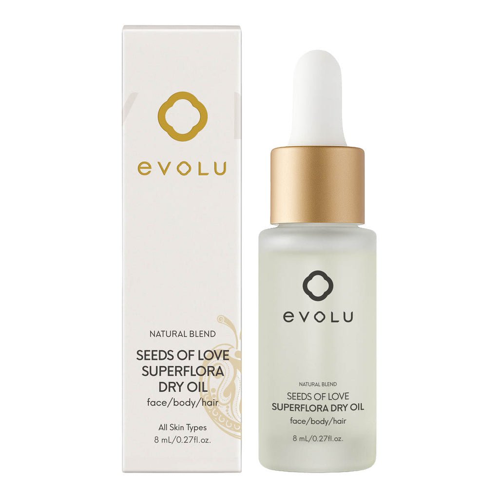 8ml bottle of evolu seeds of love dropper bottle & carton. Natural blend for face, body & hair. Suitable for all skin types.