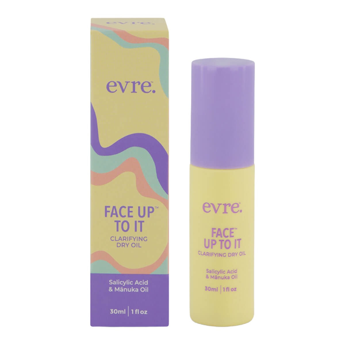 Evre Face Up To It clarifying dry oil packaging on a white background
