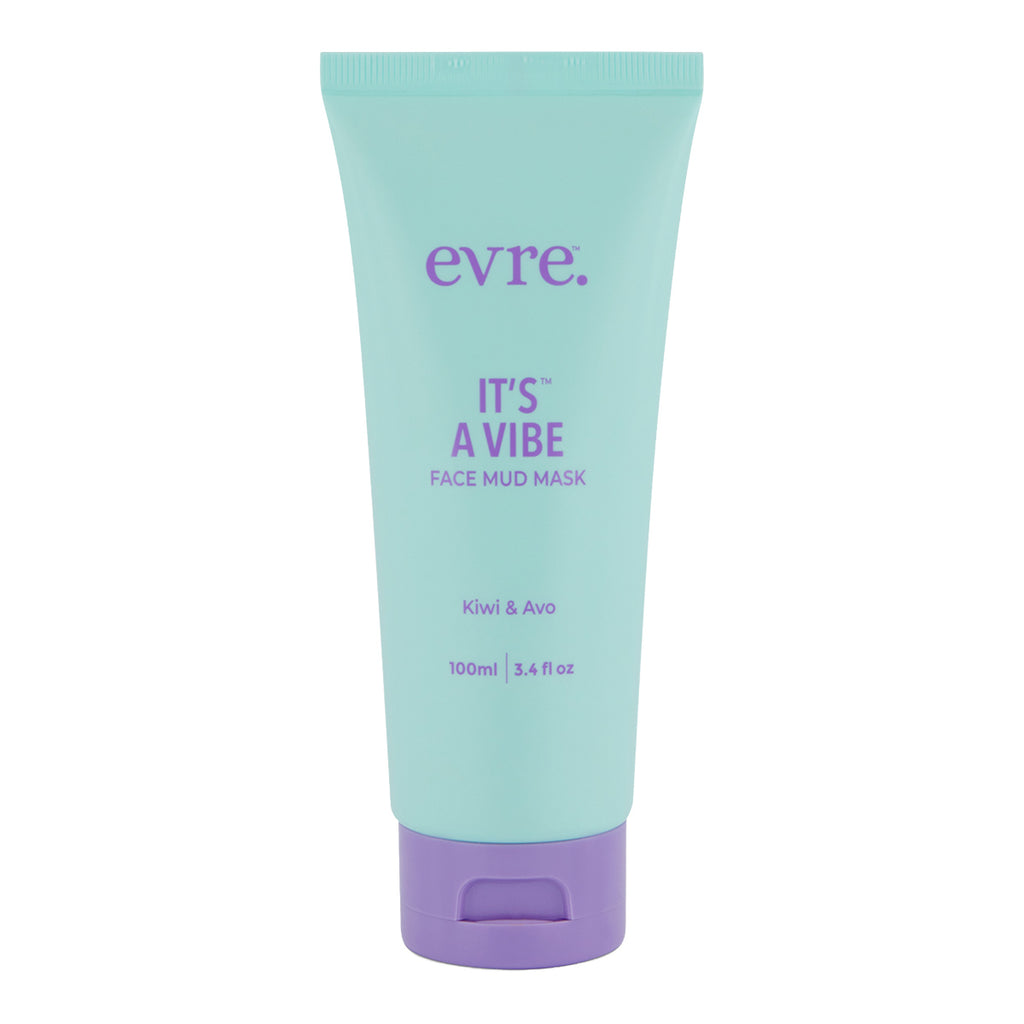 Mint green tube of 'evre.' face mud mask on a white background.