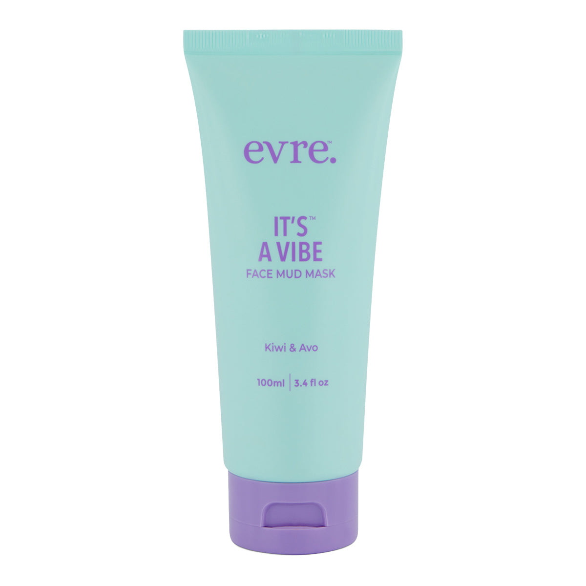 Mint green tube of 'evre.' face mud mask on a white background.