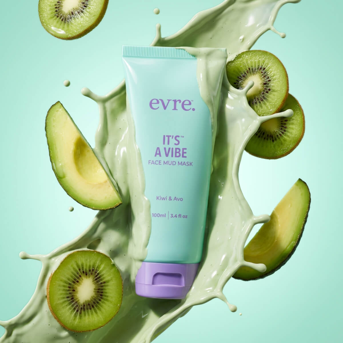 evre face mud mask with kiwi and avocado on a light green background