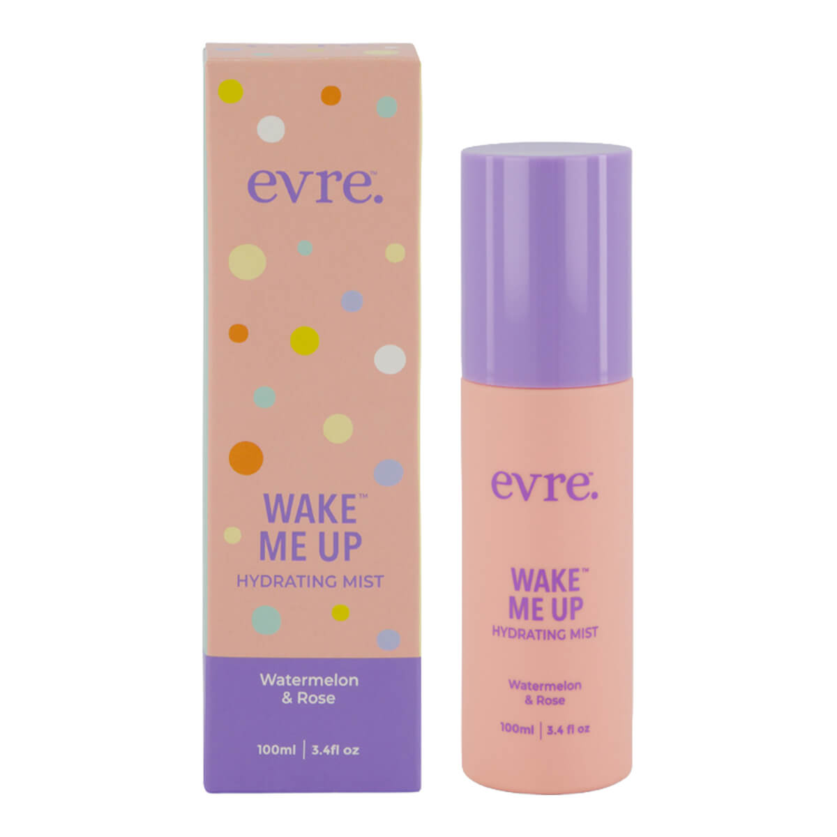 Evre Wake Me Up hydrating mist bottle and packaging on a white background