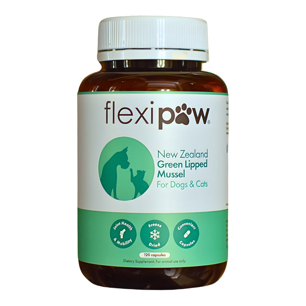 Flexipaw New Zealand Green Lipped Mussel supplement bottle for dogs and cats on a white background
