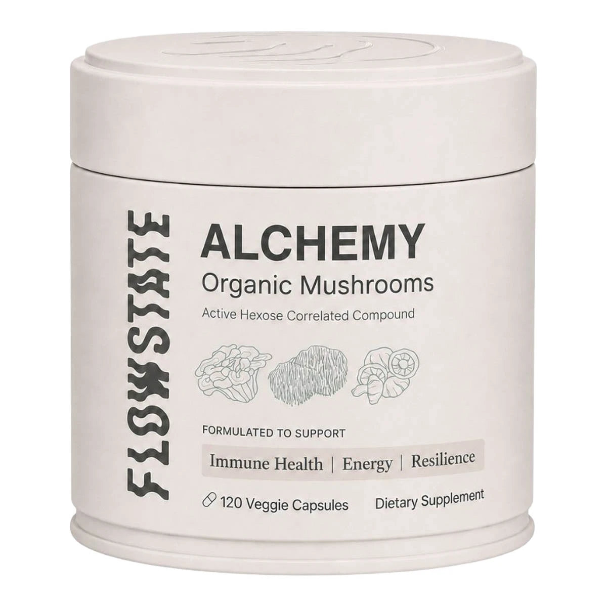 Flow State Alchemy Organic Mushrooms - 120 capsules. Supports immune health, energy, and resilience.