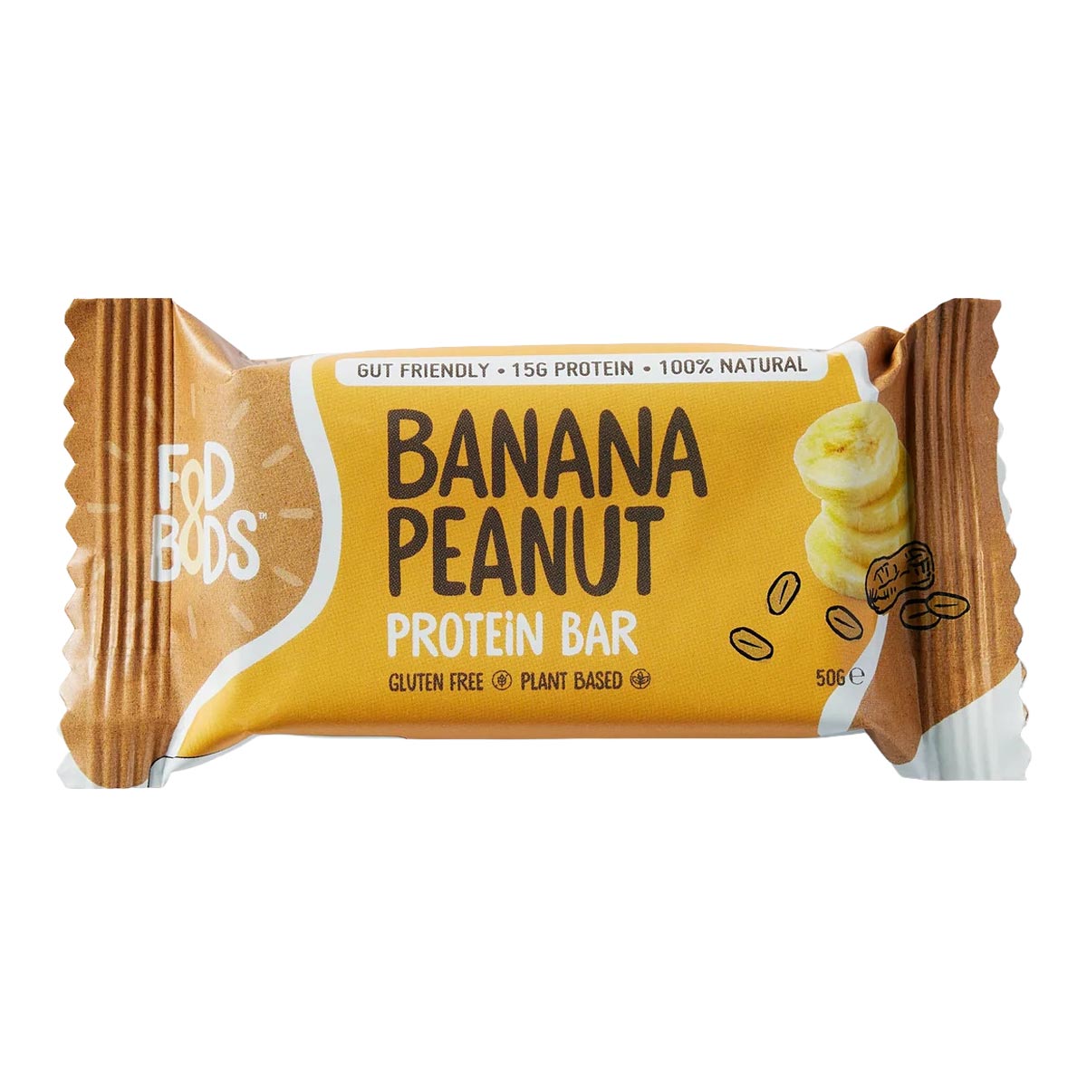Banana peanut protein bar packaging on a white background
