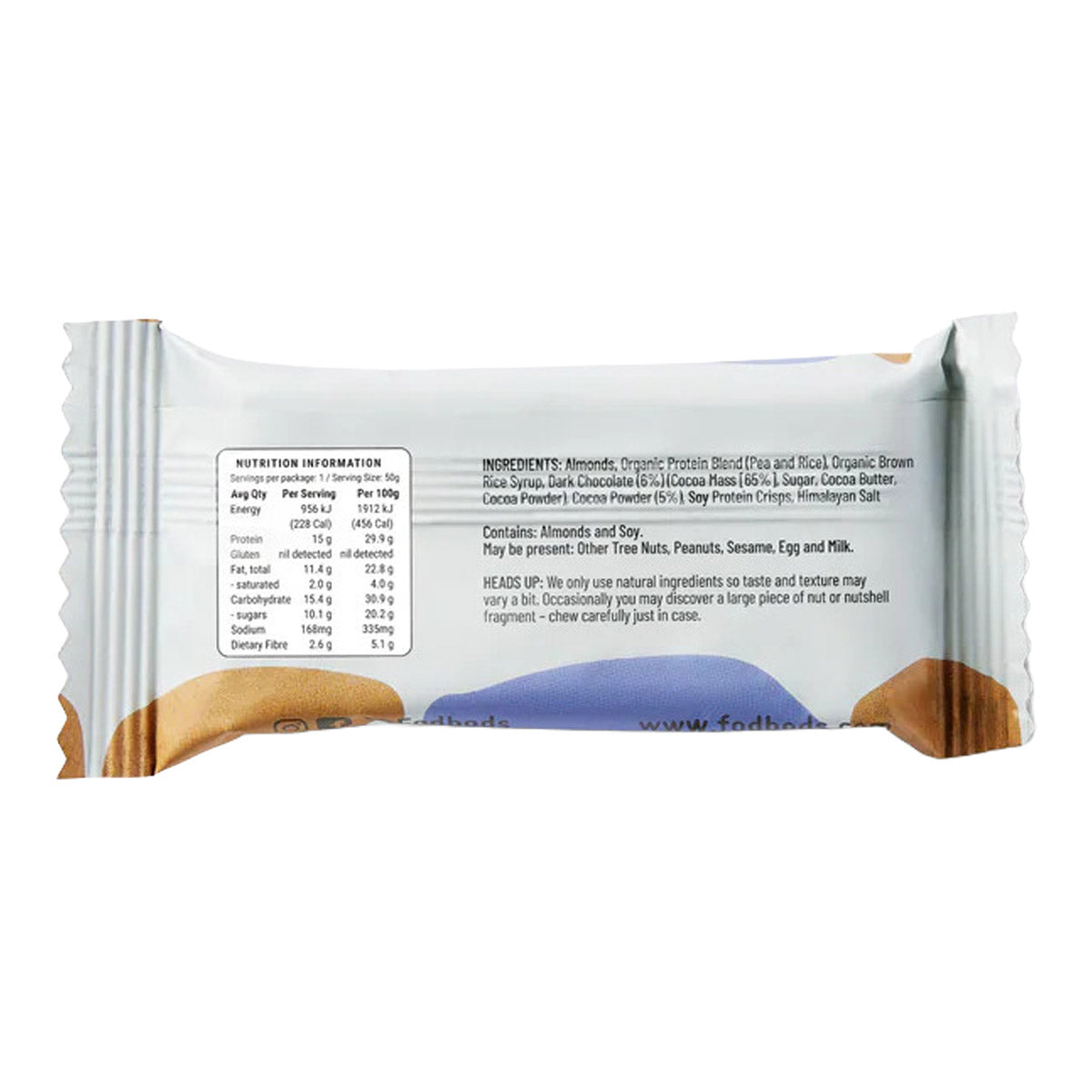 Back of FODBODS double chocolate with a white wrapper displaying nutritional information on a white background.