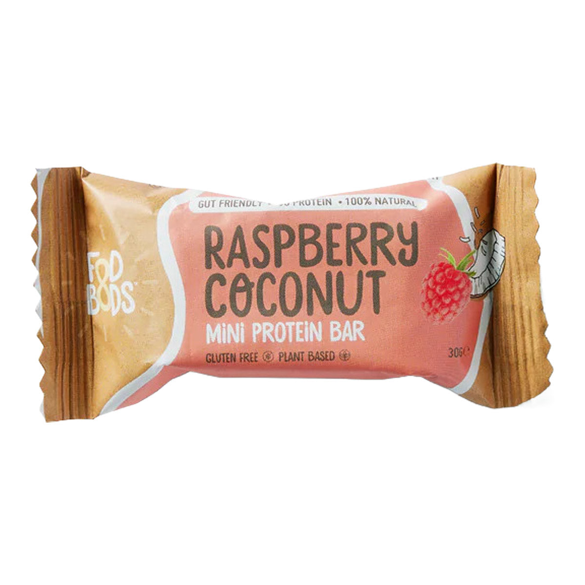 Raspberry coconut mini protein bar packaging on a white background.