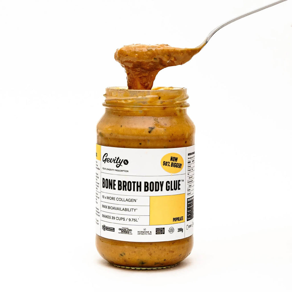 Jar of Gevity Bone Broth Body Glue with a spoonful of product on a white background.
