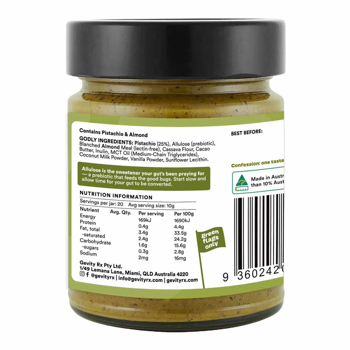 Back view of a jar with nutritional information and ingredients listed on a white background