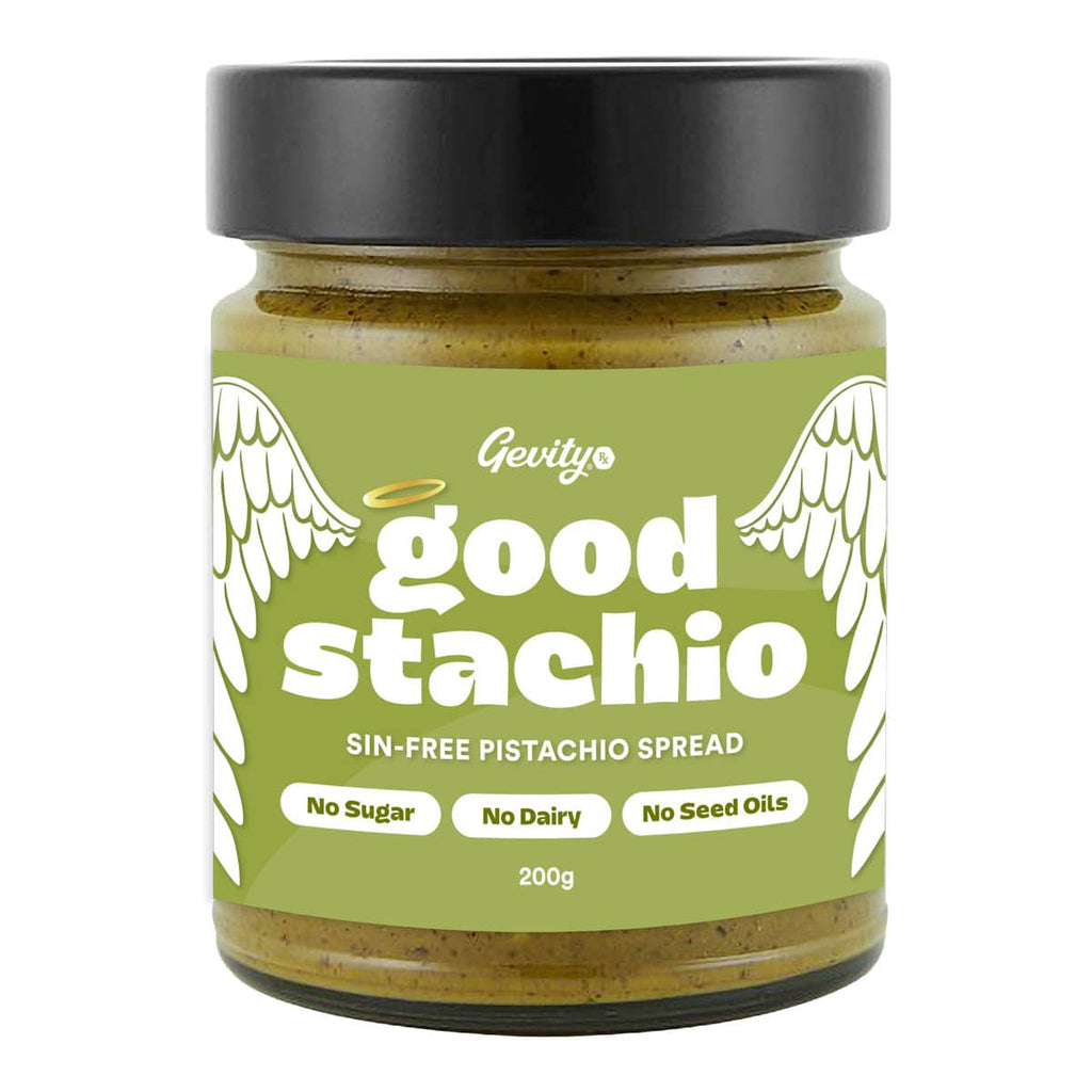 Jar of 'good stachio' pistachio spread with a green label on a white background.