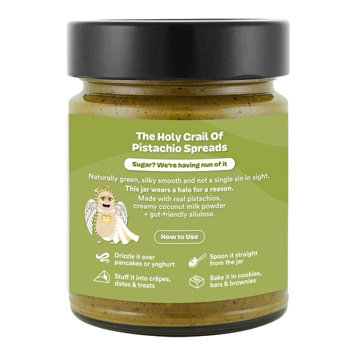Jar of pistachio spread with green label and black lid on white background