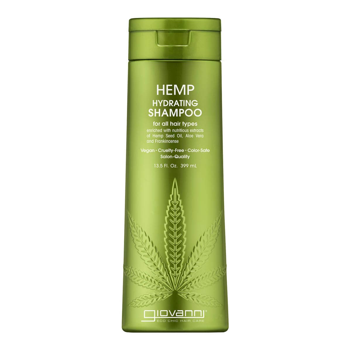 Green shampoo bottle labeled 'Hemp Hydrating Shampoo' by Giovanni on a white background. For all hair types. Vegan & cruelty-free.