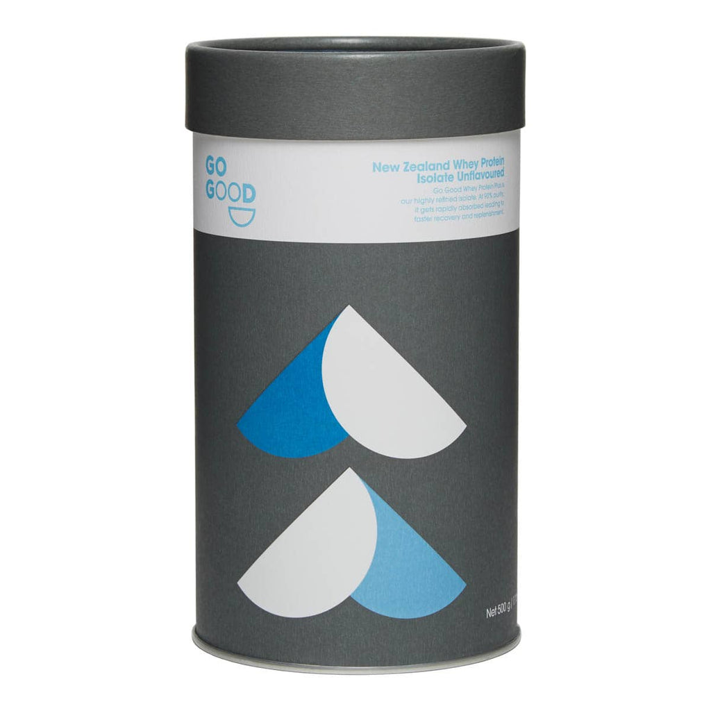 Gray cylindrical container with blue and white logo on a white background.