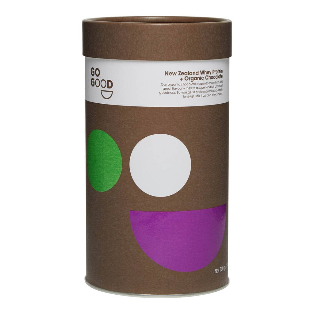 Brown cylindrical container with colorful circles and 'GO GOOD' branding on a white background.