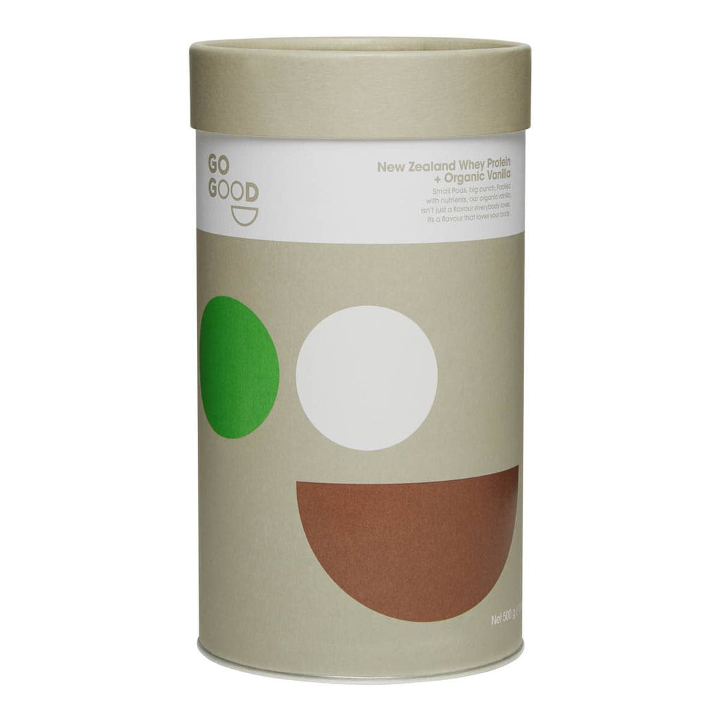 Beige cylindrical container with colorful design on a white background.