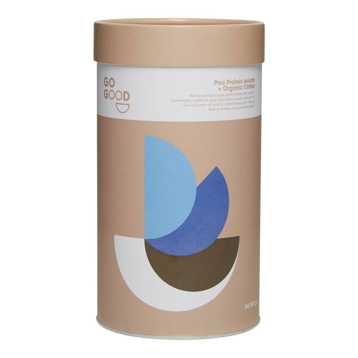 Beige cylindrical container with blue and white abstract design on a white background.